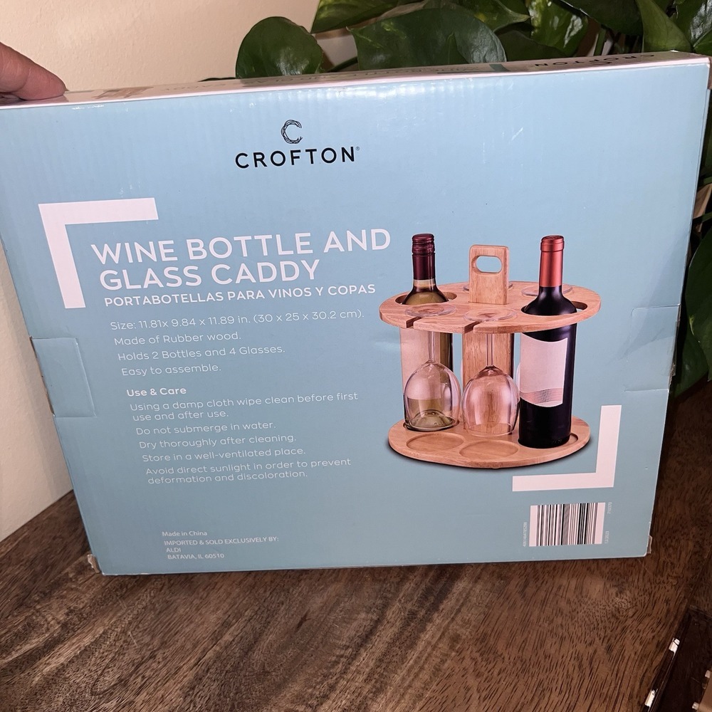 Wine Bottle Holder Glass Caddy Cup‎ Wooden Rack w/ Handle New in Box